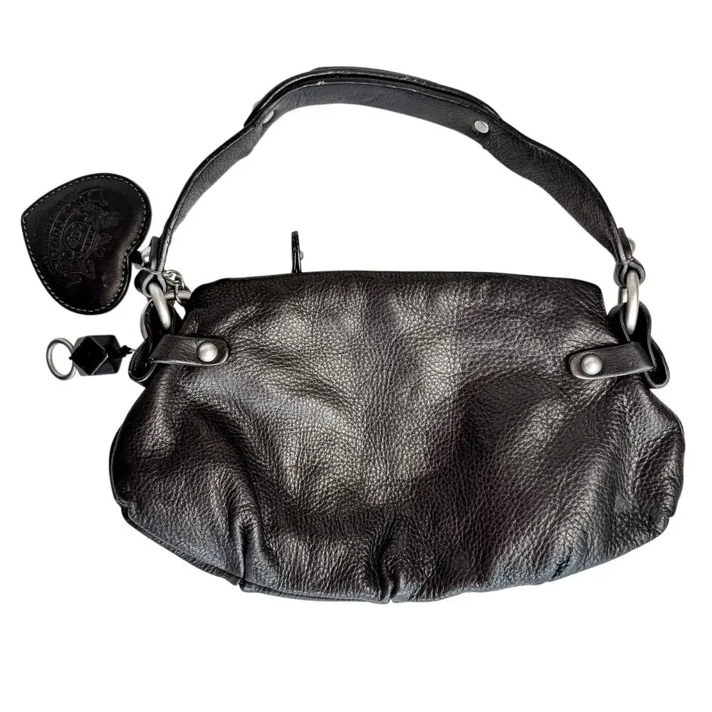 Vintage Y2K Juicy Couture USA Made Black Leather baguette Hobo Bag Heart Charm